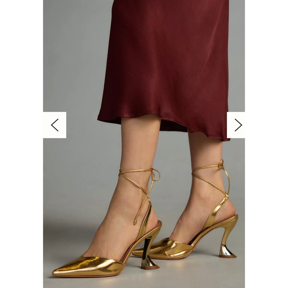Vicenza Gold Metallic Sculptural Heel Pumps 39‎ Lace Up Pointed Toe Statement